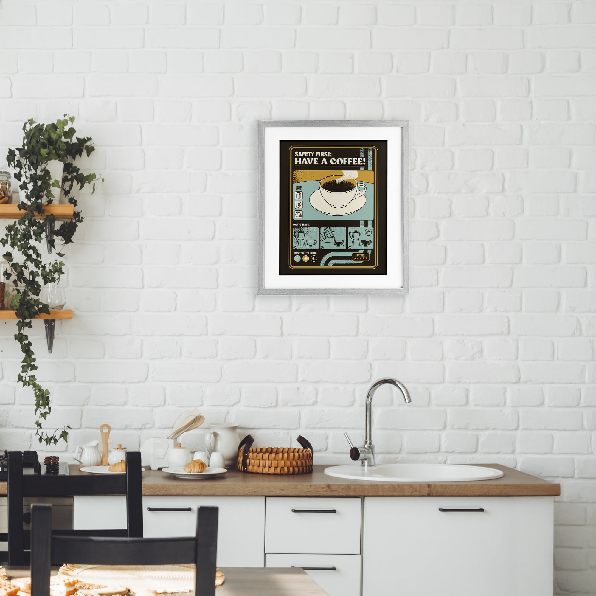 Stupell Industries Safety First Have A Coffee Gray Framed Print Under Glass, design by Tobe Fonseca
