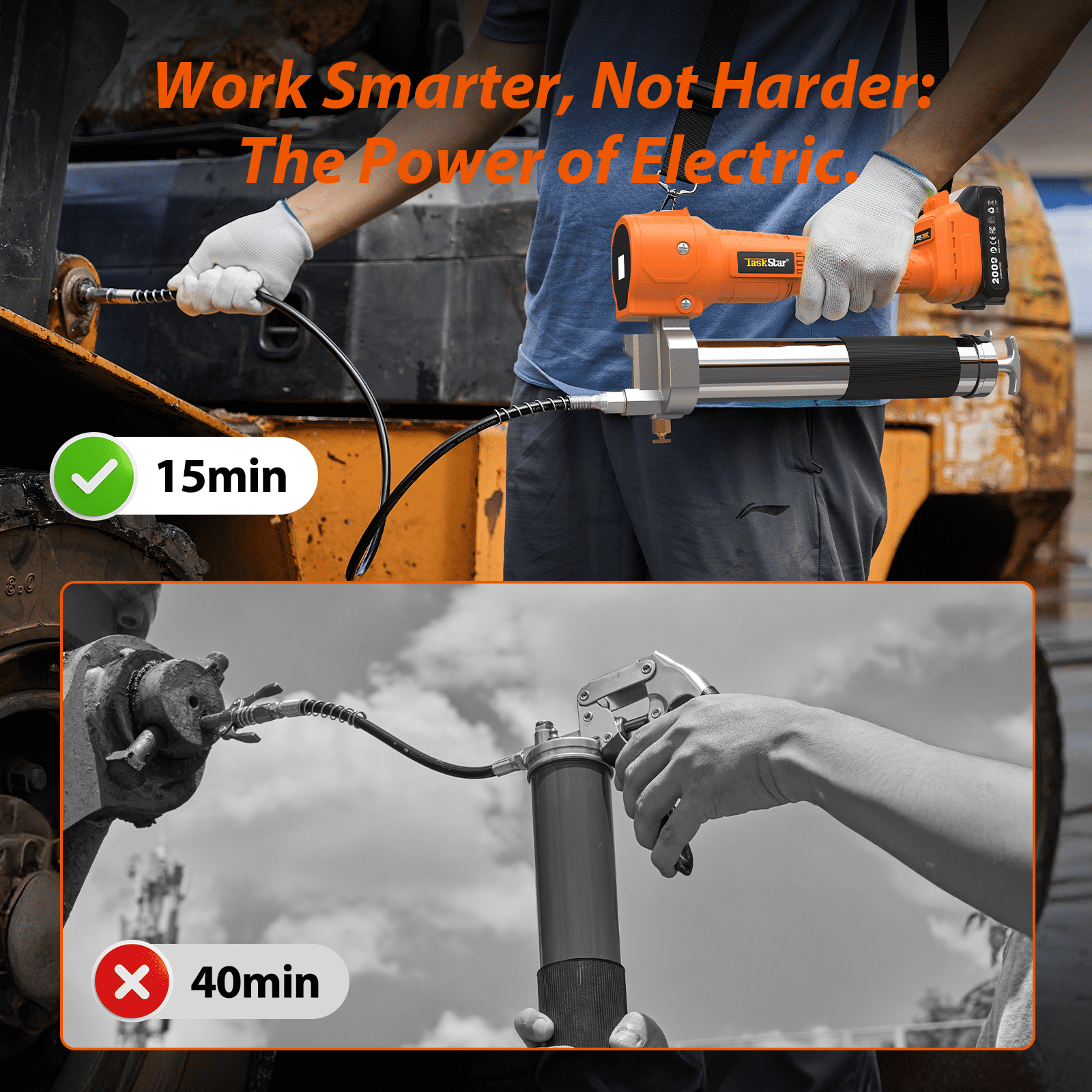 Grease Gun Battery Powered TaskStar 3.0 oz/min Electric Grease Gun Kit with 21V 2X 2000mah Batteries and Charger, 39.4”Flexible Hose,10000 PSI Cordless Grease Gun with Super Bright LED Light