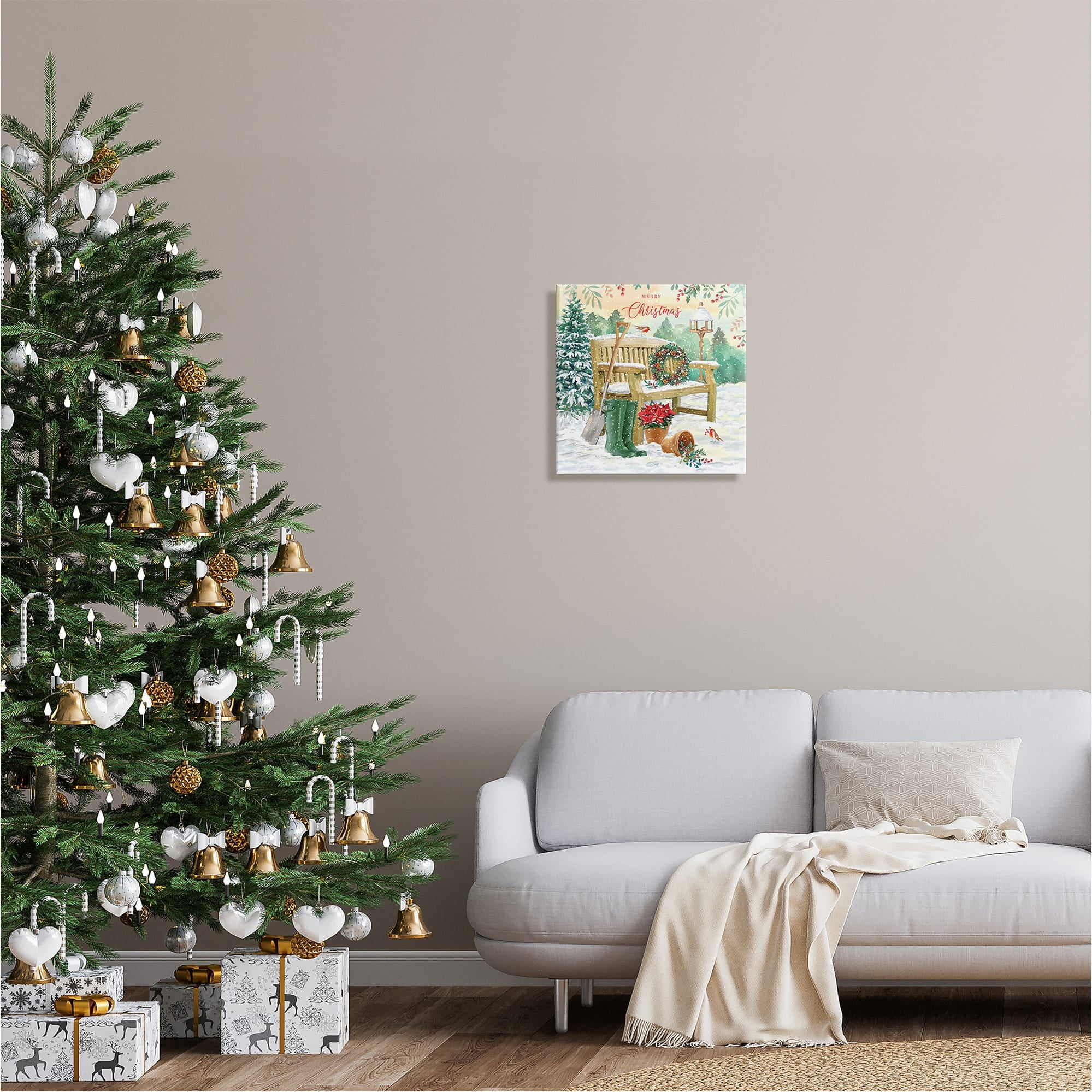 Stupell Industries Merry Christmas Winter Bench Holiday Painting Gallery Wrapped Canvas Print Wall Art