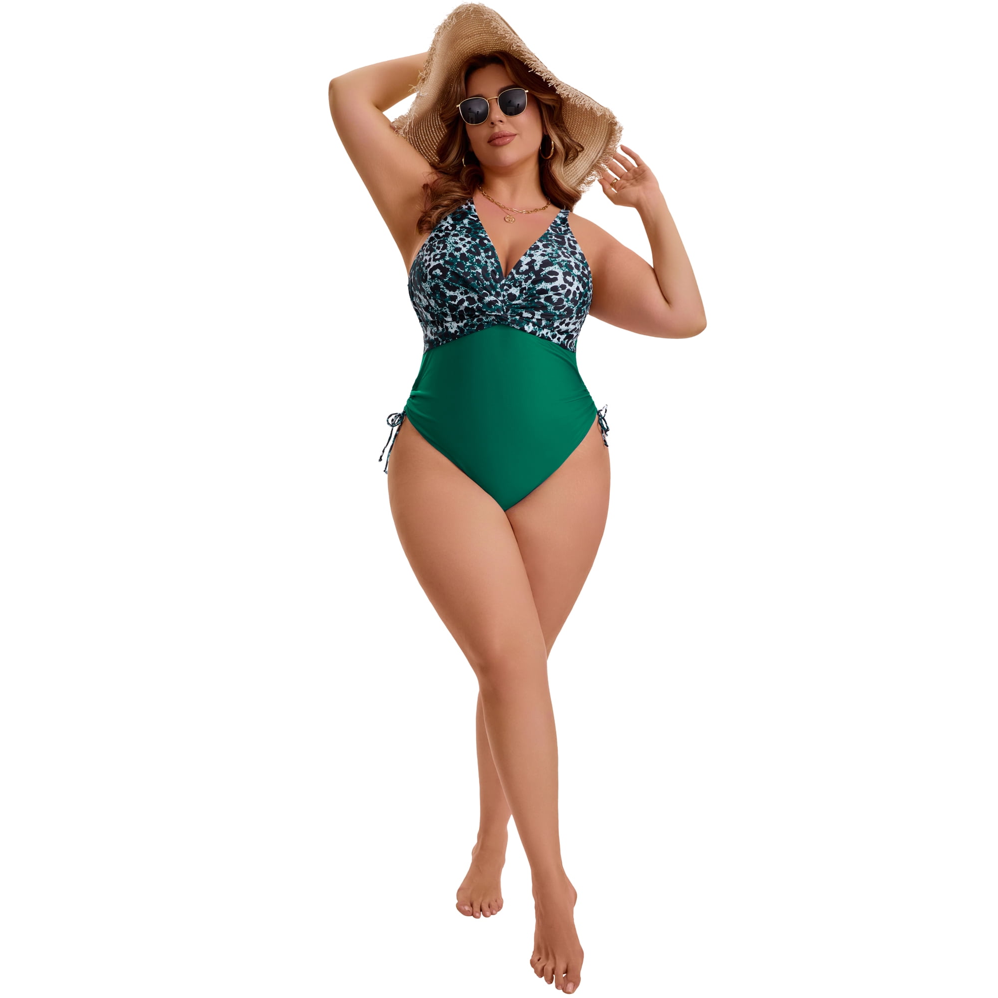DARING DIVA Women's Plus Swimsuit with V Neck and Adjustable Push Up Design 3X Green