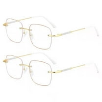 2 Pairs of Square Rimless Reading Glasses  4.0, Womens Blue Light Blocking Metal Gold Oversized Readers 4.00, Fashion Presbyopia Eyeglasses