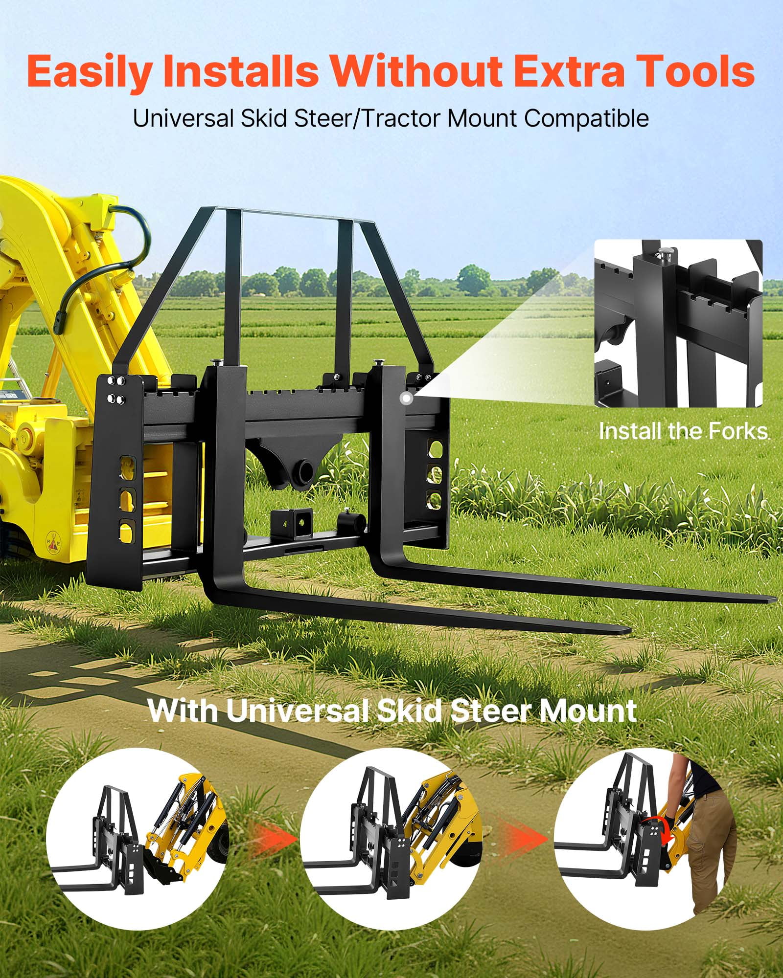 VEVOR Skid Steer Pallet Forks, 4000 lbs Rated Capacity, Pallet Fork Frame Attachment with 48-inch Pallet Forks Forklift Blades, 2-inch Hitch Receiver & Spear Sleeves, Fit for Skid Steers, Tractors