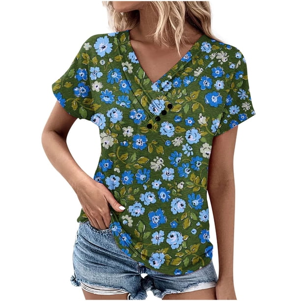 Tops de Algodón para Mujeres Cuello en V Moda Casual Manga Corta Primavera Verano Top para el Hogar Y Diario