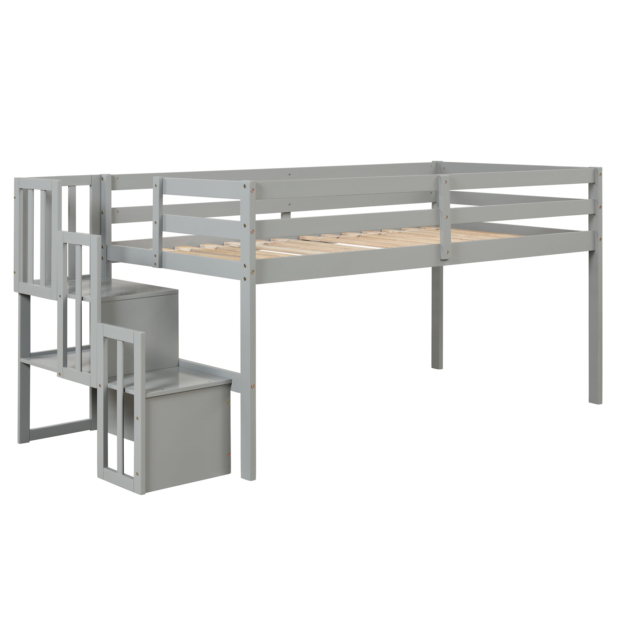 Gewnee Wood Twin Low Loft Bed with Storage Staircase and Safety Guardrails for Kids,Gray