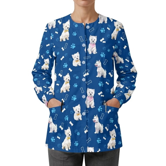 Binienty Cute Dog Long Sleeve Women's Medical Scrub Jacket Soft Wrinkle Resistant Fabric, Relaxed Fit for All Body Types, Suitable for Clinic, Veterinary, Nursing Work Daily Wear