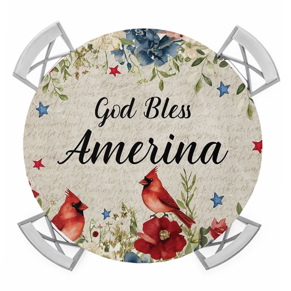 God Bless America Round Table Cover, Cardinal Bird Floral 4tn of July Vintage Waterproof Fitted Tablecloths for 55"-60" Tables, Washable Picnic Table Cover for Camping Dining Indoor Outdoor