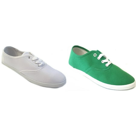 

2 Pair Shoes 18 Womens Canvas Shoes Lace up Sneakers White/Emerald Green 5