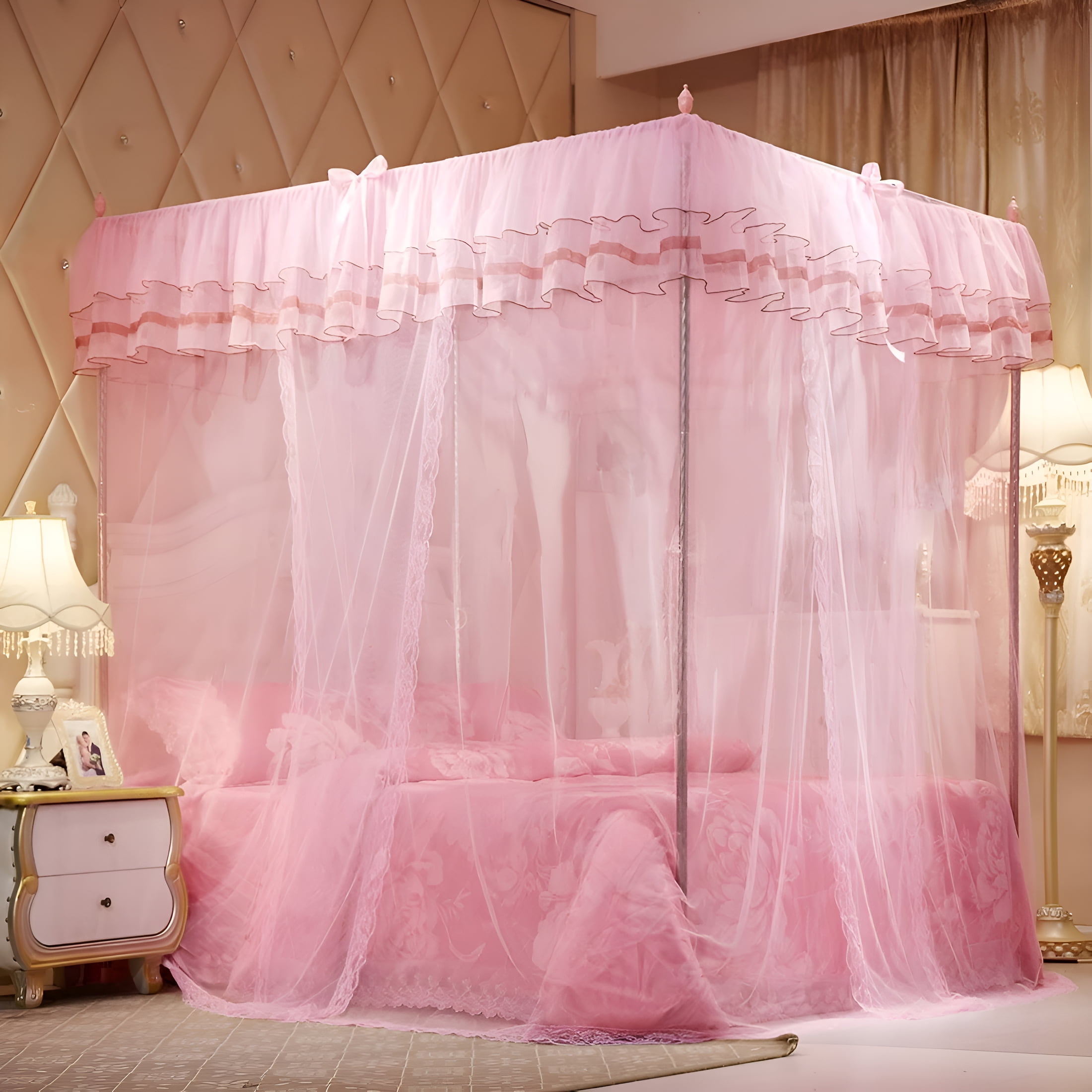AUQ 4 Corners Post Pink Canopy Bed Curtain for Girls & Adults - Bed Canopy for Girls Cute Cozy Drape Square Netting for Twin Bed - 4 Opening 45"