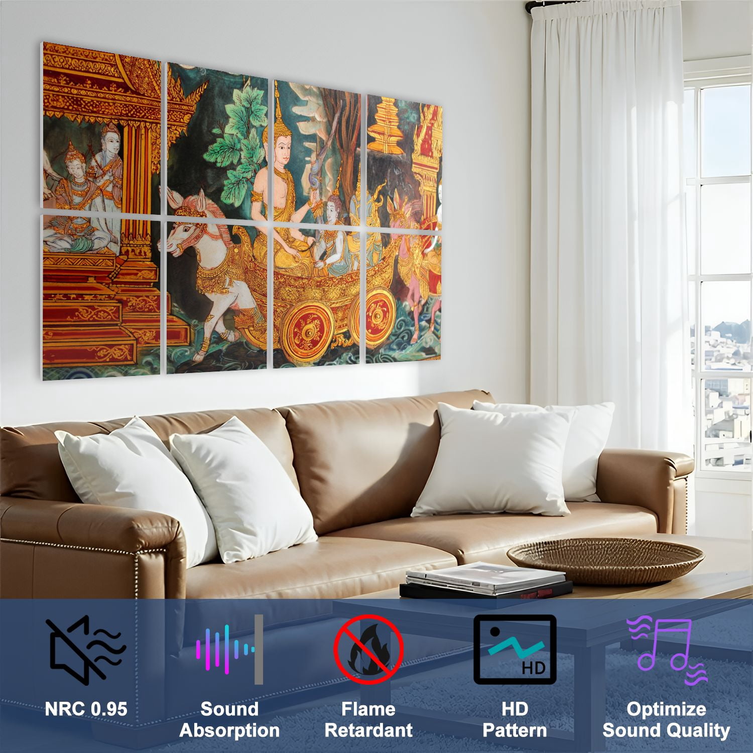 8 Pack Art Acoustic Panels Sound Absorbing traditional Thai style painting photo Decorative Soundproof Wall Panels Self Adhesive for Nursery Game Room Bedroom 48"x32"
