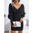 thumbnail image 4 of Women'S Cocktail Batwing Long Sleeve Wrap Knit Sweater Mini Dress Black L, 4 of 9