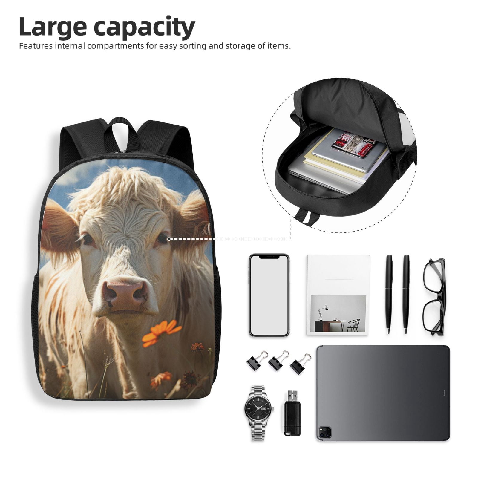 Xecao Daisy Meadow Cow print Travel Backpack, Large Computer Backpack for Men Women, College School Rucksack Book Bag