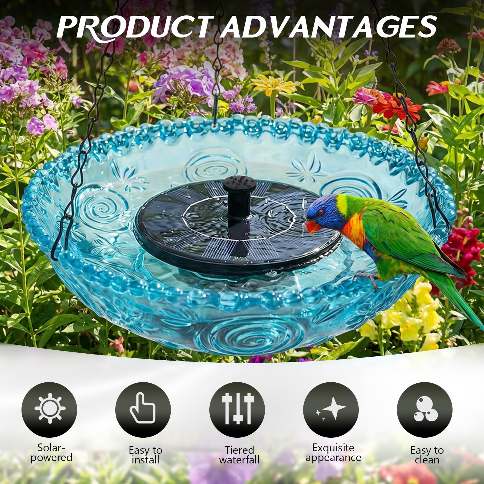 Threns Solar Cascade Hanging Bird Bath Fountain, Solar Powered Bird Bath Fountain, Hanging Birds Baths for Outdoors Garden Patio Backyard Lawn Decor