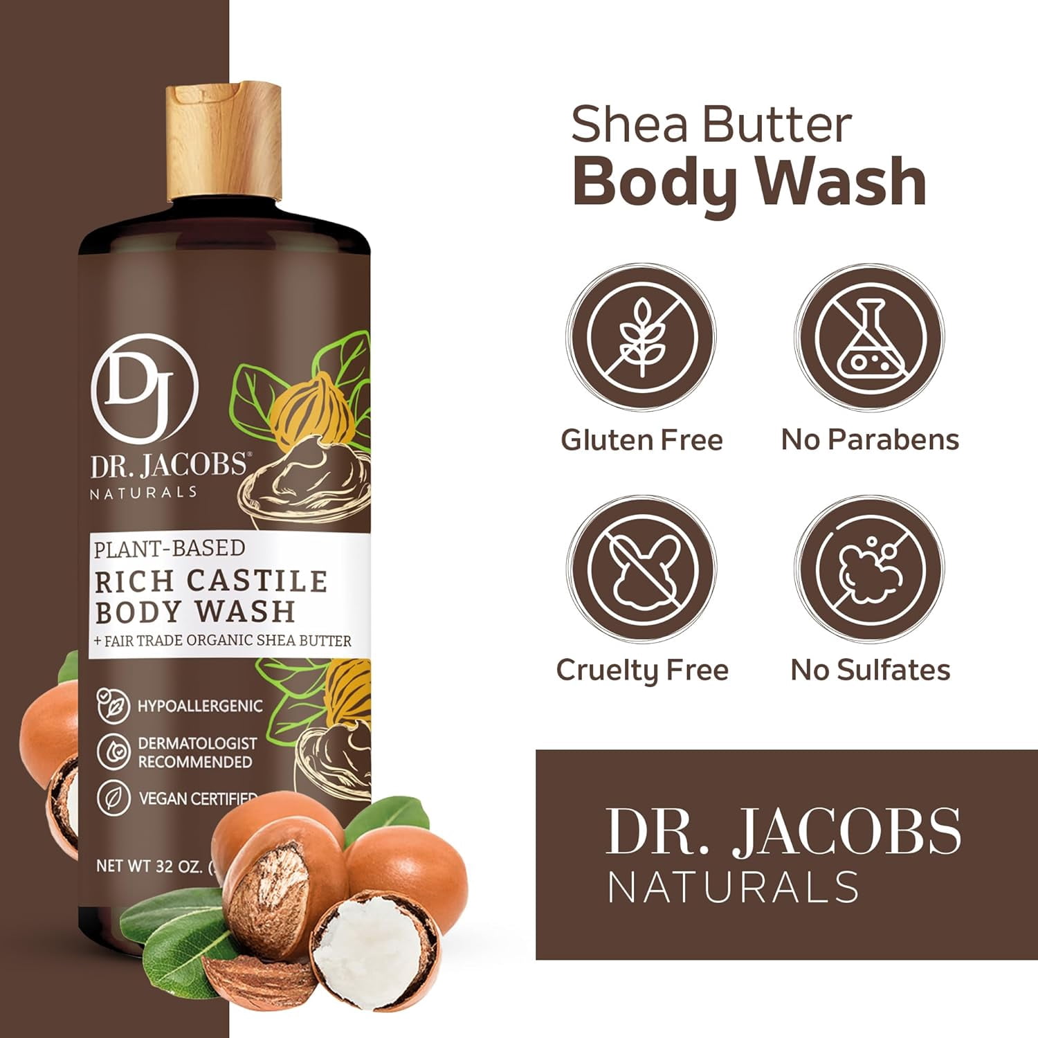 Dr Jacobs Naturals Castile Soap Body Wash Plant Based Liquid Soap, Shea Butter 32 Oz 2-Pack