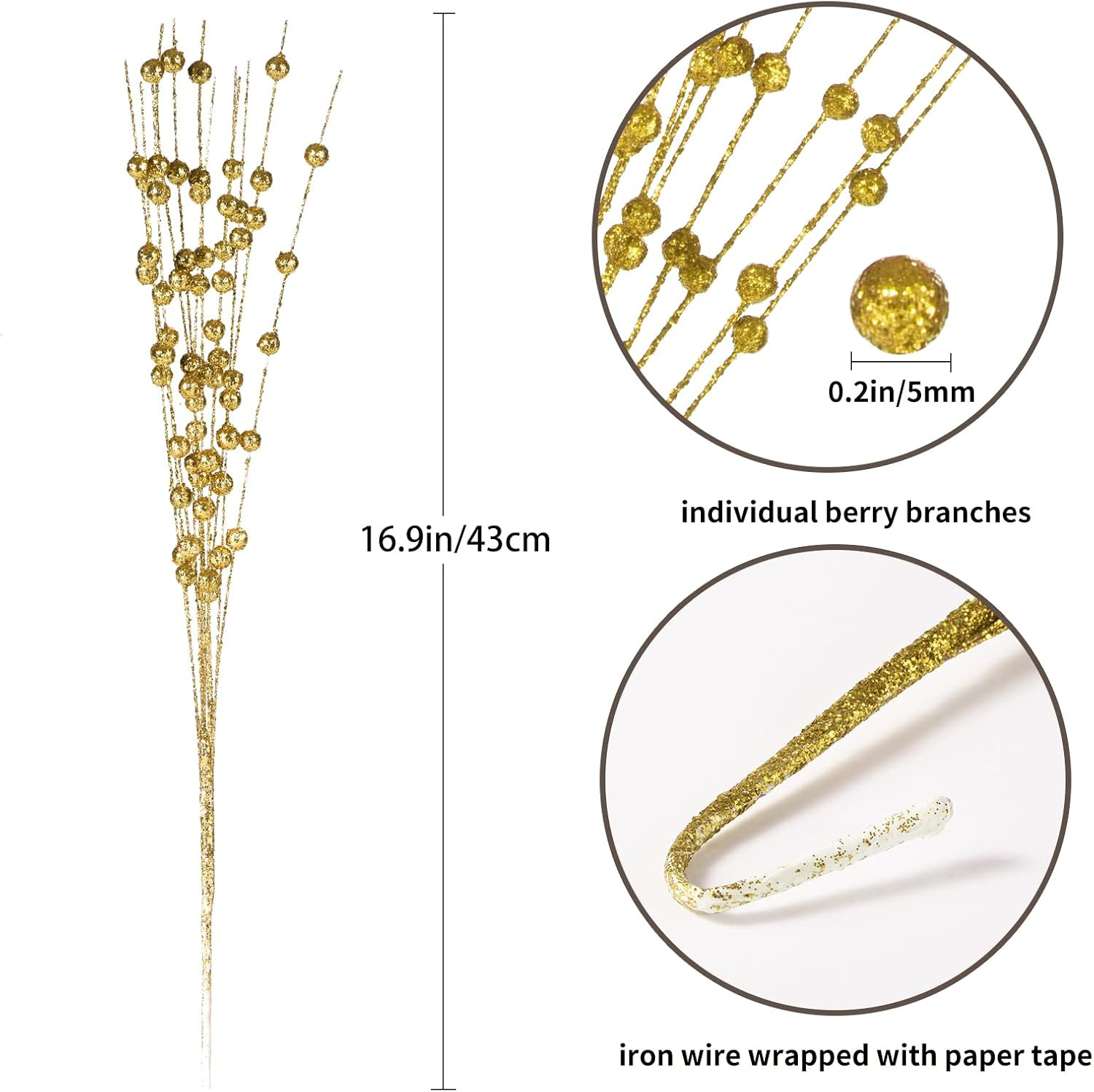 Artificial Glitter Berry Stem Ornaments,Bexikou 17Inch Christmas Artificial Berry Twig Glitter Sticks,Decorative Glitter Sticks for Christmas Tree, Small Vase, Holiday, Wedding, Party(Gold, 24)