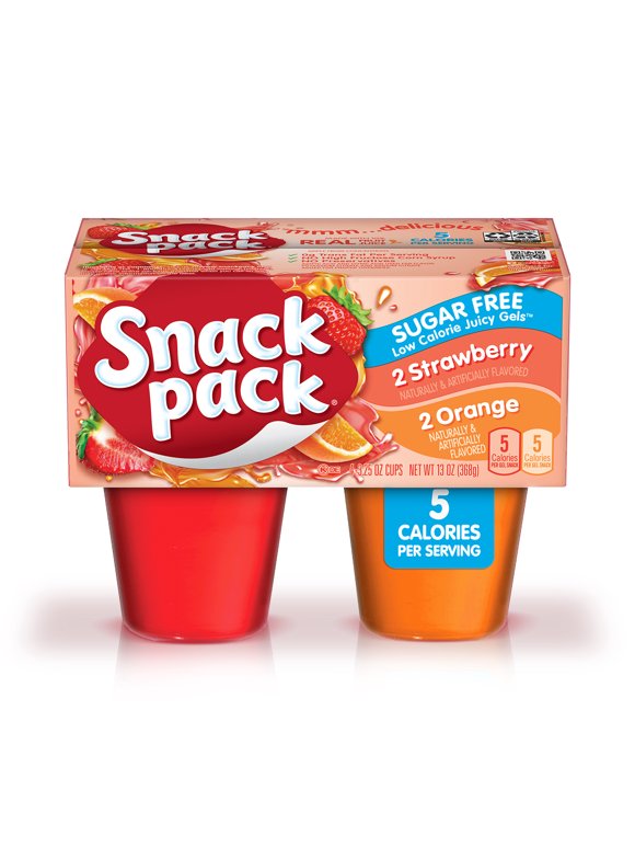 Snack Pack Sugar Free Strawberry & Orange Flavored Juicy Gels, 4 Count Snack Cups