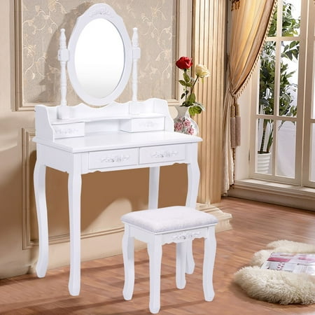 Costway White Vanity Jewelry Makeup Dressing Table Set bathroom W/Stool 4 Drawer Mirror Wood