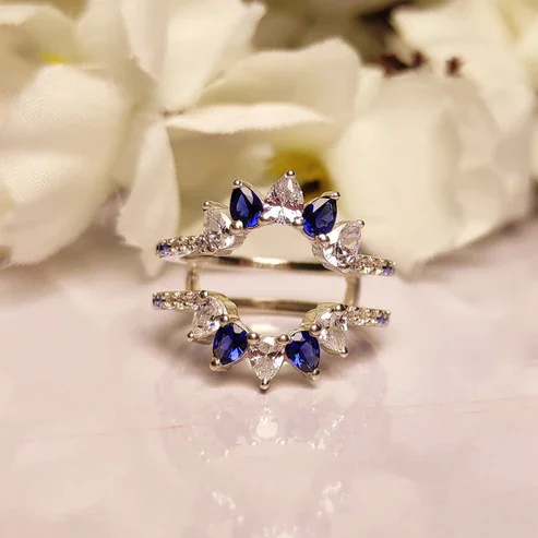 1.52Ct White & Blue Sapphire Ring Guard – Engagement Ring Jacket Wrap Enhancer, September Birthstone Bridal Band
