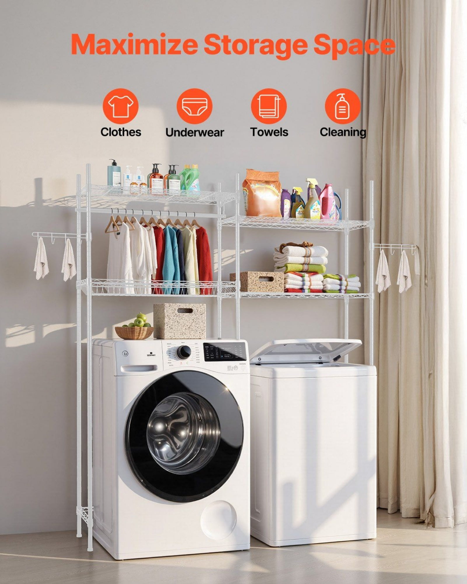 4-Tier Over Washer & Dryer Shelf with Hanger Rod & Hooks, Adjustable Laundry Storage Rack, Space-Saving Organizer, White – Sturdy & Versatile