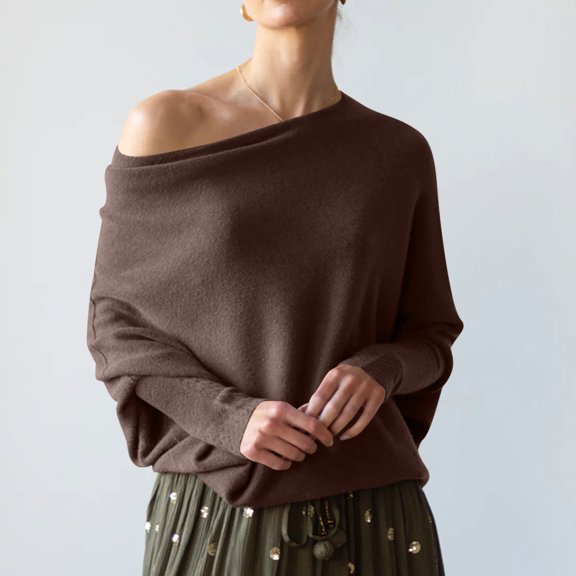 AGWOLF Off the Shoulder Swearter for Women Solid Cable Knit Jumper Loose Fit Long Batwing Sleeve Tops