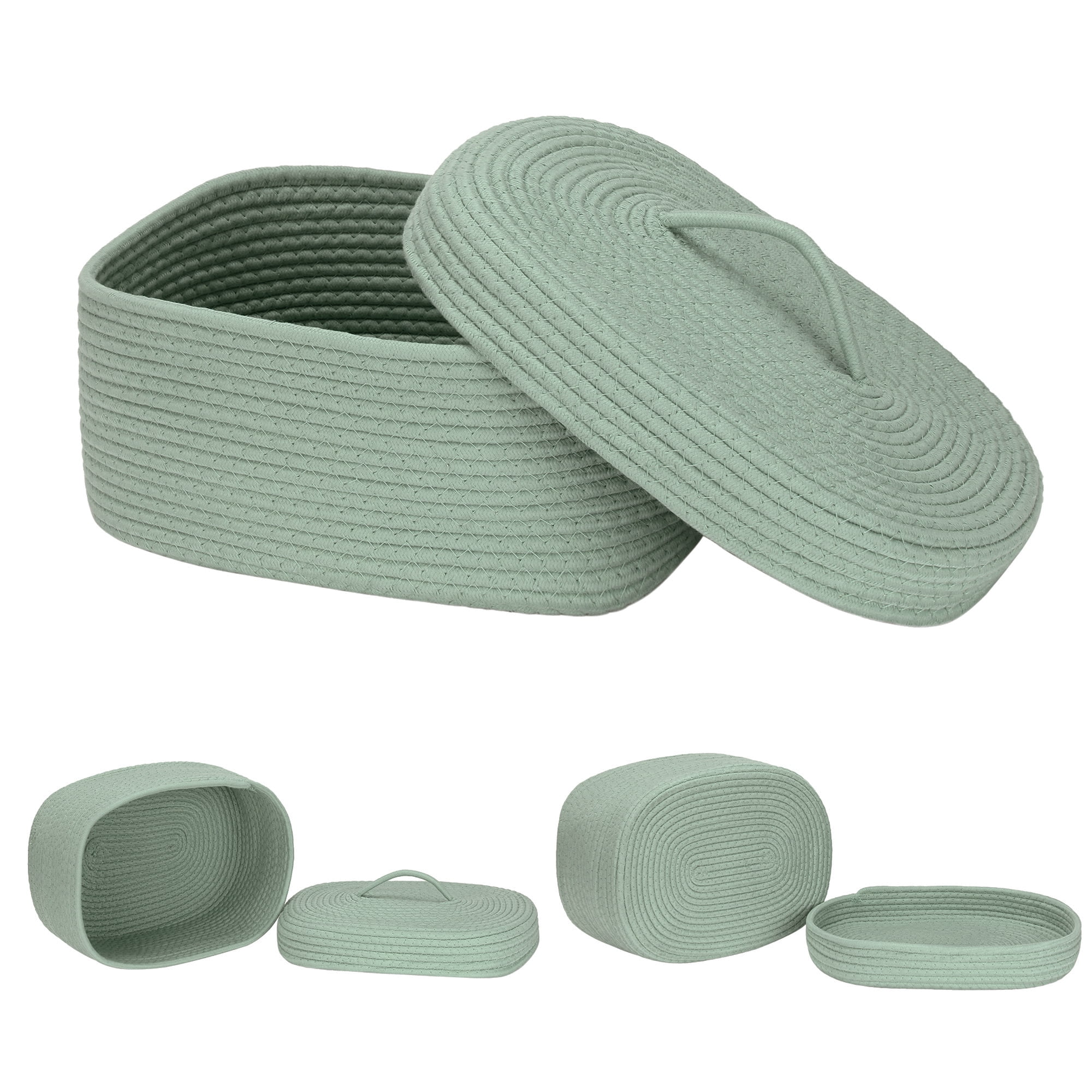 Sea Team Oval Cotton Rope Storage Basket with Lid, Lidded Woven Storage Bin, Nursery Storage Container, Diaper Caddy, Baby Shower Basket, Box, Organizer, 15 x 11 x 6.5 Inches, Green