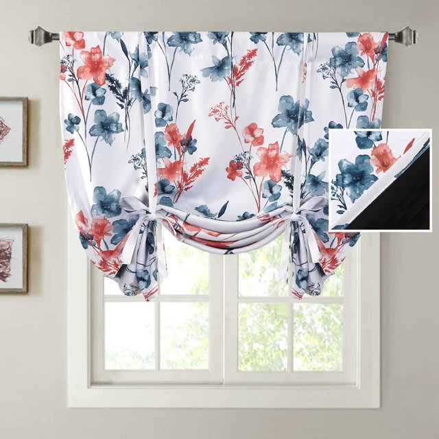 Cortinas 100% opacas para atar para dormitorio, cortinas con aislamiento térmico, 45 pulgadas de largo, cortinas opacas con bolsillo para barra para ventana pequeña/baño con forro negro, piedra pómez Cattleya en azul piedra/coral42 pulgadas de ancho x 45 pulgadas de largo