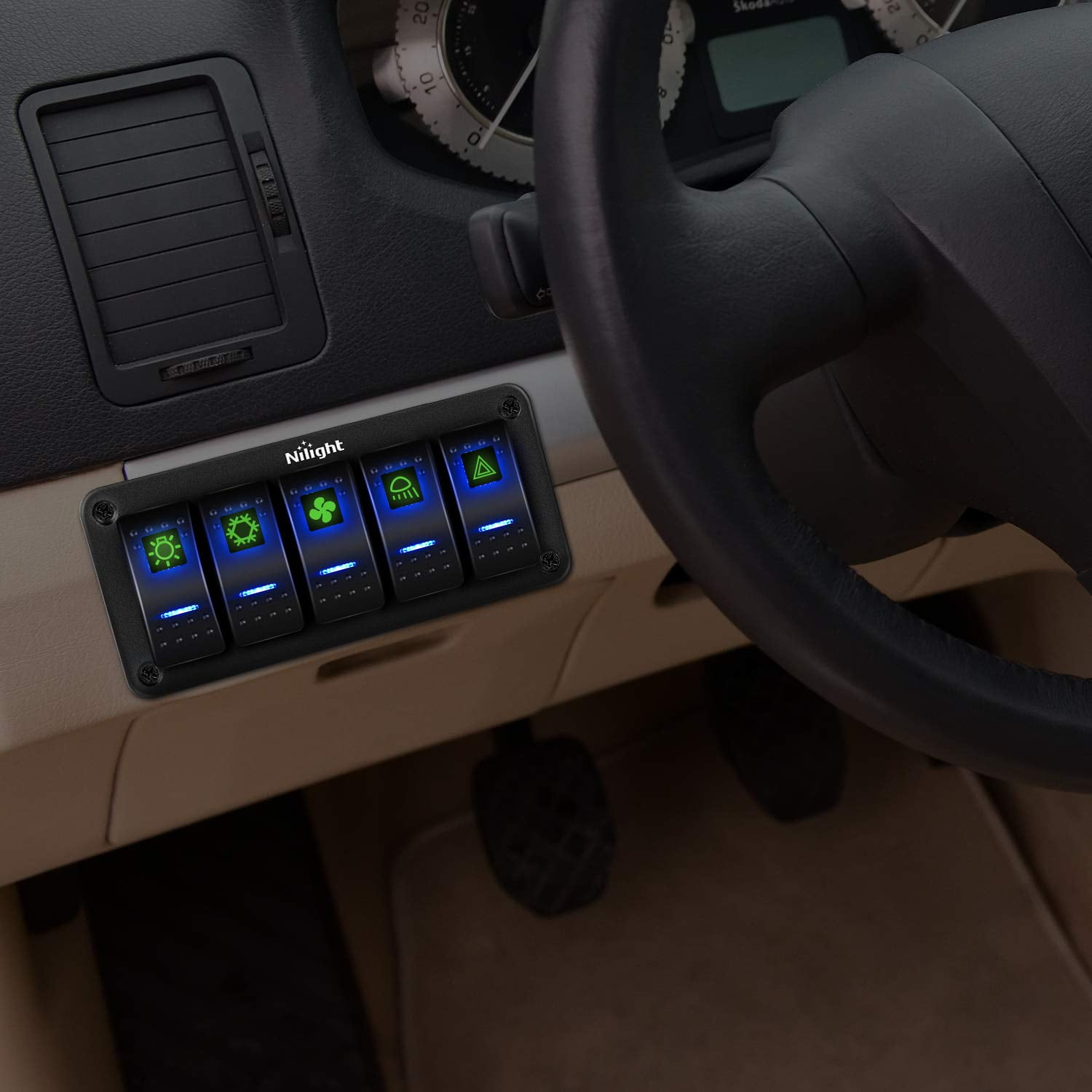 Nilight - 5 Gang Aluminum Rocker Switch Panel Toggle Dash 5 Pin ON/Off Pre-Wired Rocker Switch Blue Backlit Switch for Automotive Car Marine Boat RV,2 Years Warranty