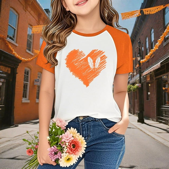 hengsof Girls Orange Raglan Short Sleeve T-Shirt, Cute Printed Casual Crew Neck Top, Soft and Comfortable Shirt Ages 3-14