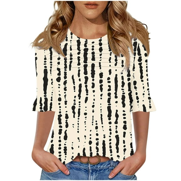 DeHolifer Women's Tops Half Sleeve Crewneck Strip Printed Casual Loose Tunic Tops Dressy T-Shirts Khaki XL