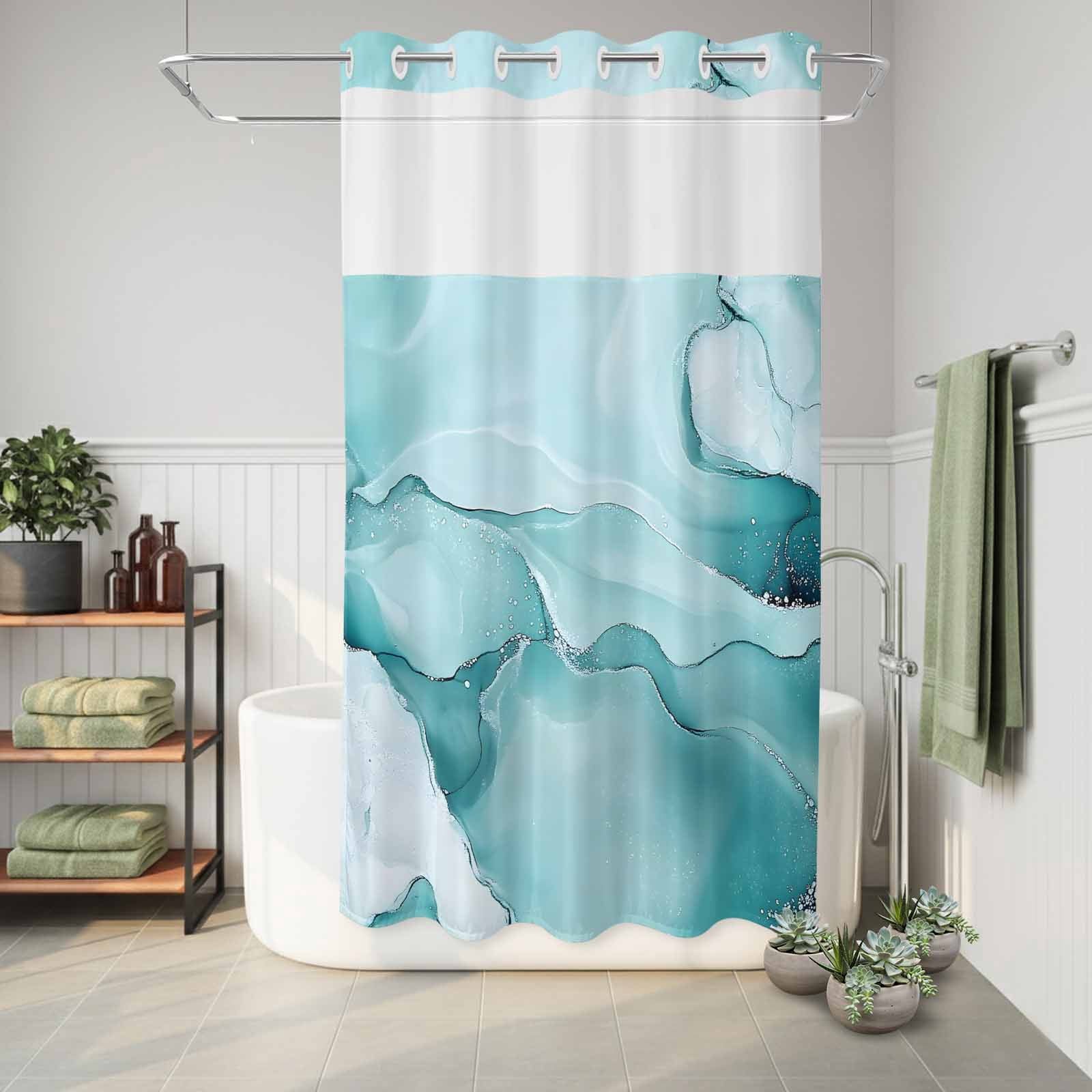 No Hook Shower Curtain,Turquoise Marble Waterproof Shower Curtains for Bathroom,Modern Abstract Art Texture Watercolor Bathroom Curtain with Mesh Top Window for Home Hotel Bathtub,Small Stall 36"x72"