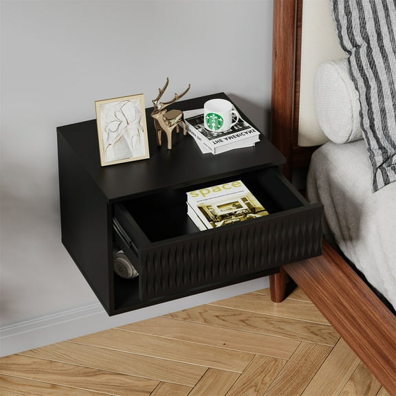 Hommoo Set of 2 Nightstand, Carved Surface Wall-Mounted Bedside Table Set with Drawer & Open Shelf, 3-Section Slides, Black