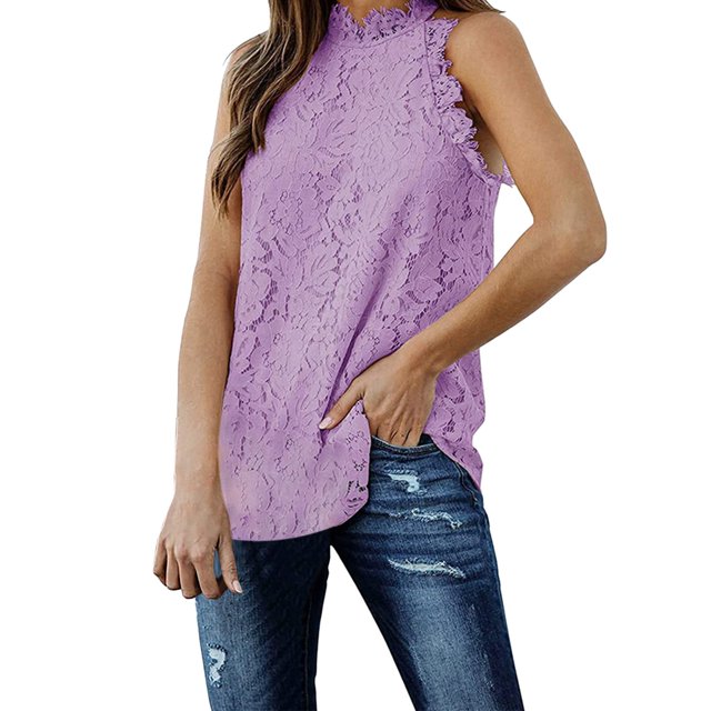 Playeras,Blusas y Tops,Ropa para Mujer Cultivo sin espalda Tank Top Mujeres encaje ganchillo ahueca hacia fuera las camisetas sin mangas blusa casual verano camisas sin mangas (Purple, XXL)