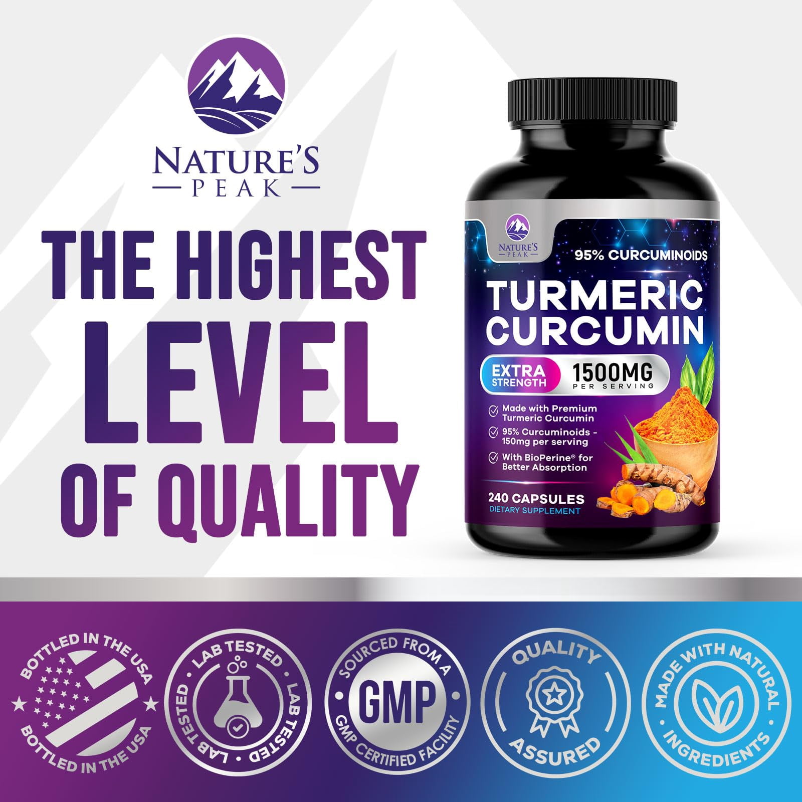 Turmeric Curcumin Supplement - 95% Curcuminoids with Organic Turmeric & Ginger, BioPerine Black Pepper Extract for Best Absorption, Natural Vegan Joint Support, Non-GMO, Bottled in USA - 240 Capsules