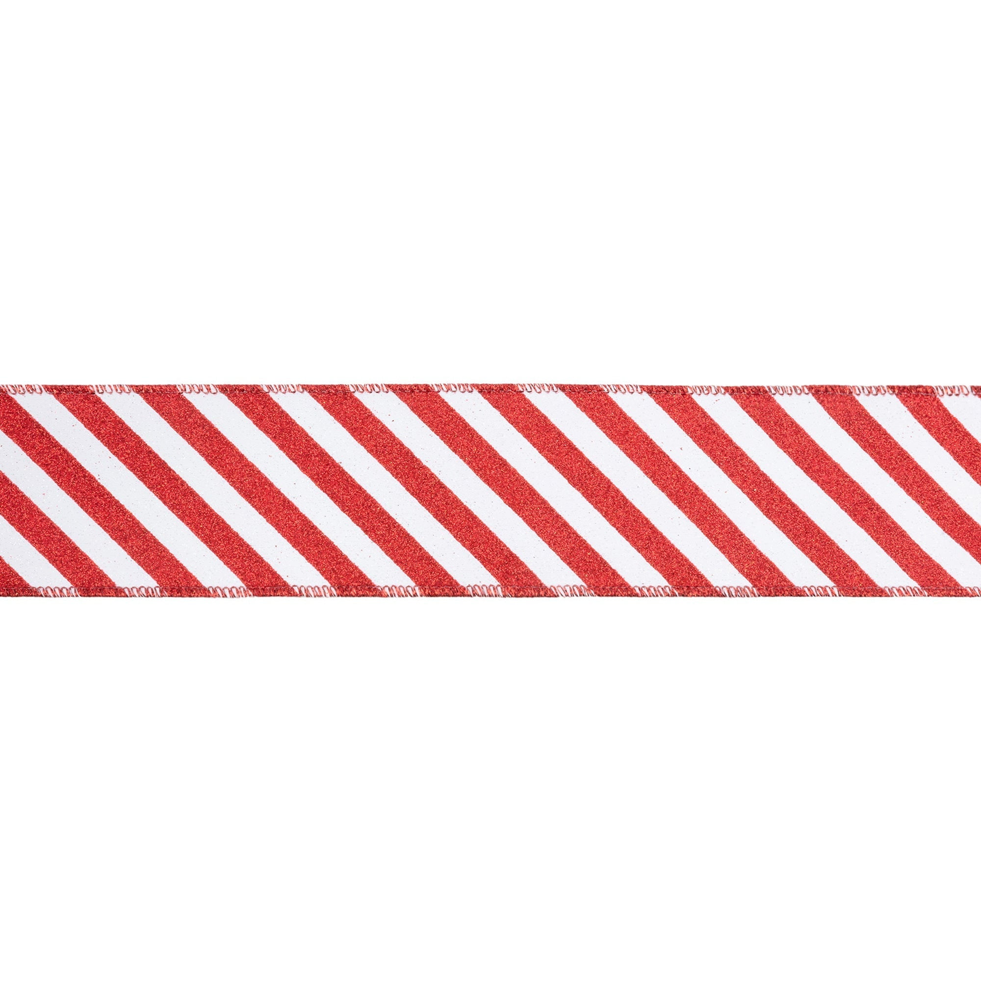 LaRibbons 2 1/2" Wired Ribbon, Red Glittered Diagonal Stripes on White, 10 Yard Roll