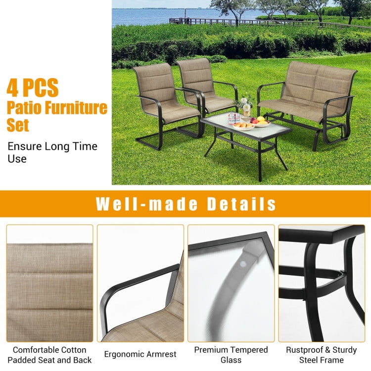 Aimee Lii 4 Pieces Outdoor Patio Furniture Set with Padded Glider Loveseat and Coffee Table, Patio Conversation Sets, Brown Aimee Lii 4 Pieces Outdoor Patio Furniture Set with Padded Glider Loveseat and Coffee Table, Patio Conversation Sets, Brown