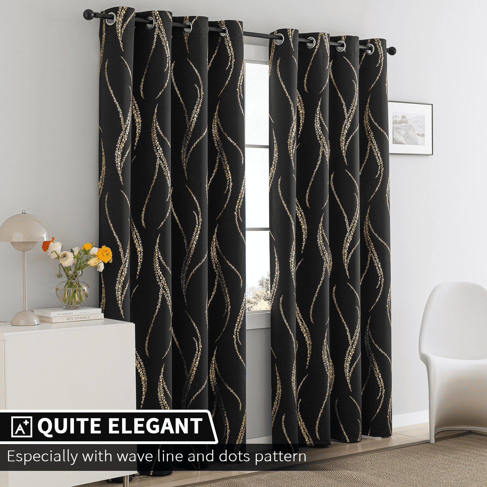 Yakamok Blackout Curtains for bedroom - Wave Line with Dots Gold Print Design Noise Reducing Thermal Insulated Solid Ring Top Blackout Window Drapes for Livingroom (2 Panels, 52 x 63 Inch, Black)