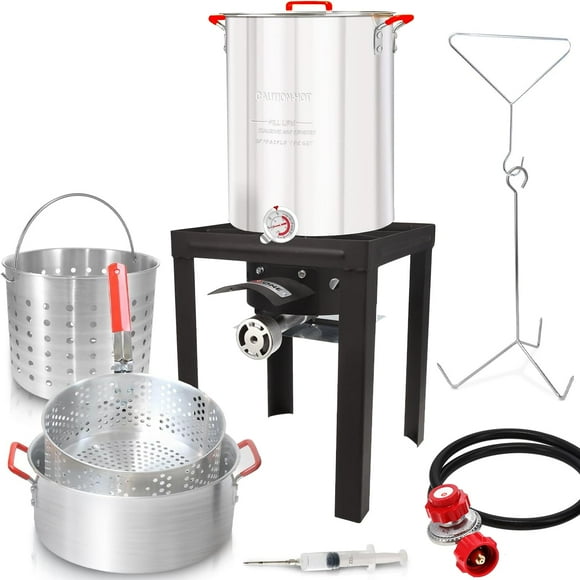 GasOne Turkey Fryer 30 QT Cooker Set and 10 QT Fish Fryer Craw Fish Boiler Steamer Complete Set Black