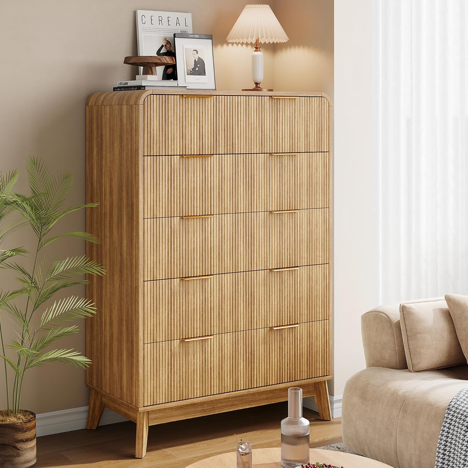 Akaber Tall Dresser, 5 Drawer Dresser for Bedroom, Fluted Dresser with Curved Profile, Organizer Storage for Living Room Entryway