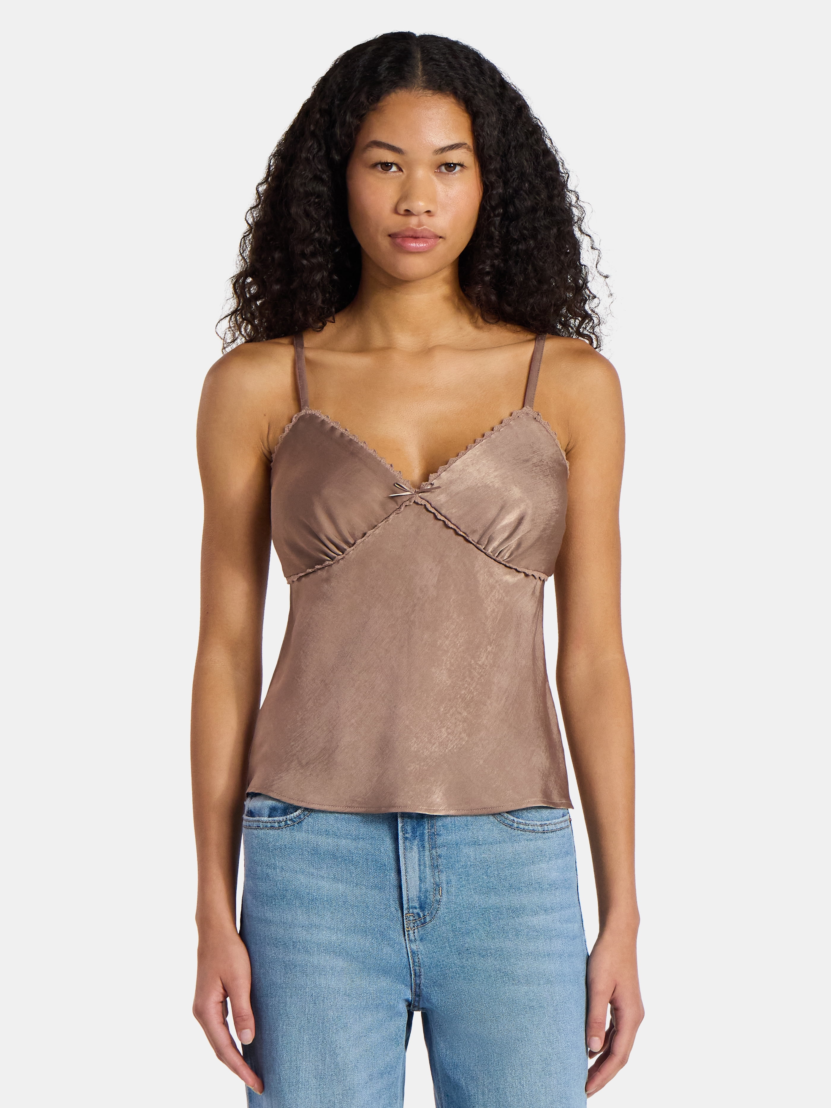 トップス moose's eyelet ribbon cami No Boundaries Woven Cami Top with Lace Trim and Bow, Women's