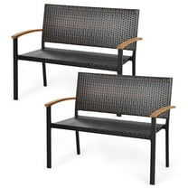 Gymax Set of 2 Patio Wicker Bench All Weather Rattan Chair Loveseat w/ Acacia Armrest