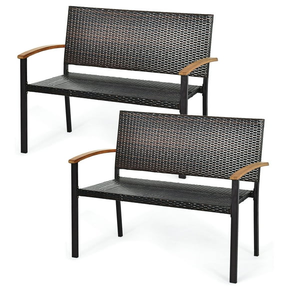 Gymax Set of 2 Patio Wicker Bench All Weather Rattan Chair Loveseat w/ Acacia Armrest