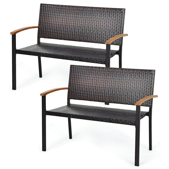 Gymax Set of 2 Patio Wicker Bench All Weather Rattan Chair Loveseat w/ Acacia Armrest