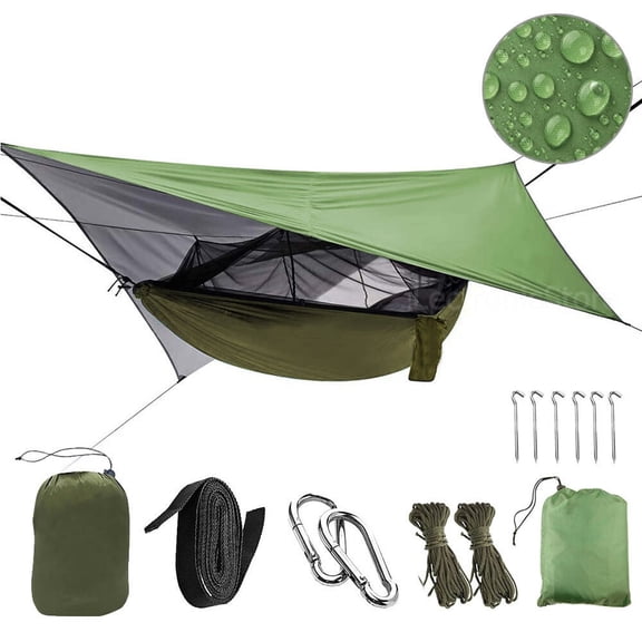 ASTRAEA Camping Hammock with Mosquito Net and Rain Fly Tarp, Portable Single & Double Nylon Parachute Hammock Rainfly Set for Backpacking Hiking Travel Outdoor Activities, Green