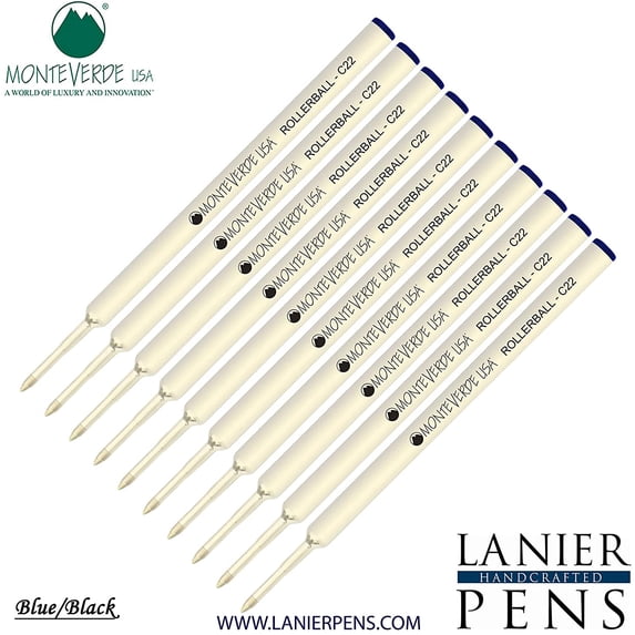 Lanier Combo Pack - 10 Pack - Monteverde Rollerball C22 Paste Ink Refill Compatible with most Cross Style Rollerball Pens - BlueBlack (Fine Tip 0.6mm)