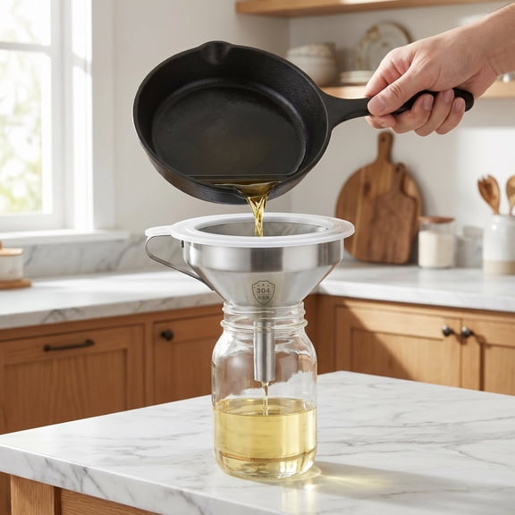 Stainless Steel Funnel with Strainer and Fine Mesh Filter, Food Grade Metal Funnel, Cooking Oil Filter, Oil Strainer for Deep Fryer, Milk Strainer, Funnels for Kitchen Use Filling Bottles, 1 Set