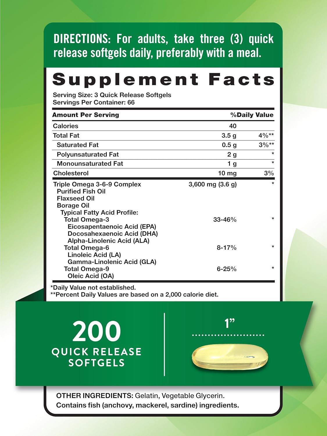Triple Omega 3-6-9 3600 mg | 200 Softgels | Fish, Flax, Borage Oils Supplement | by Nature's Truth