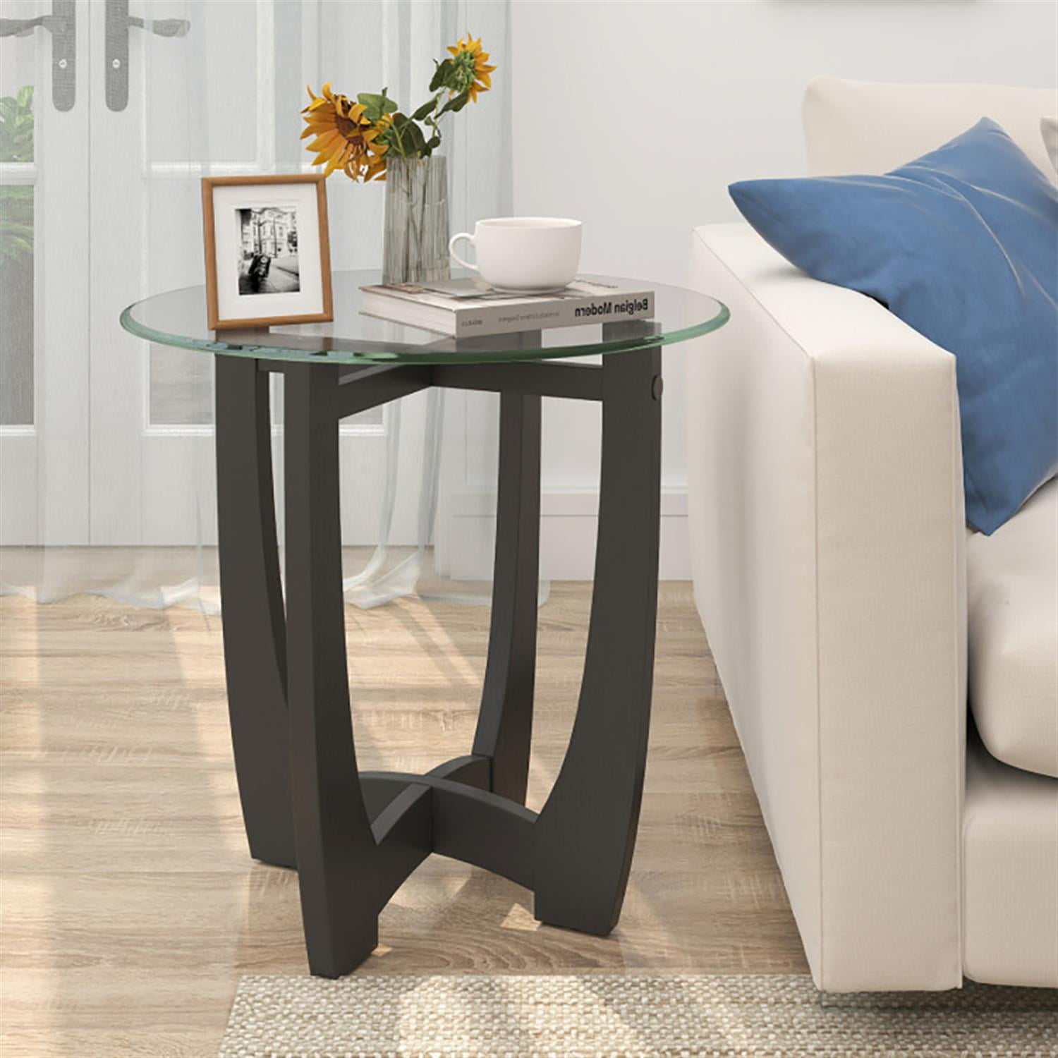 Demi Bonn Round Sofa Side Table, End Table with Tempered Glass Tabletop, for Small Spaces, Living Room, Bedroom, Black