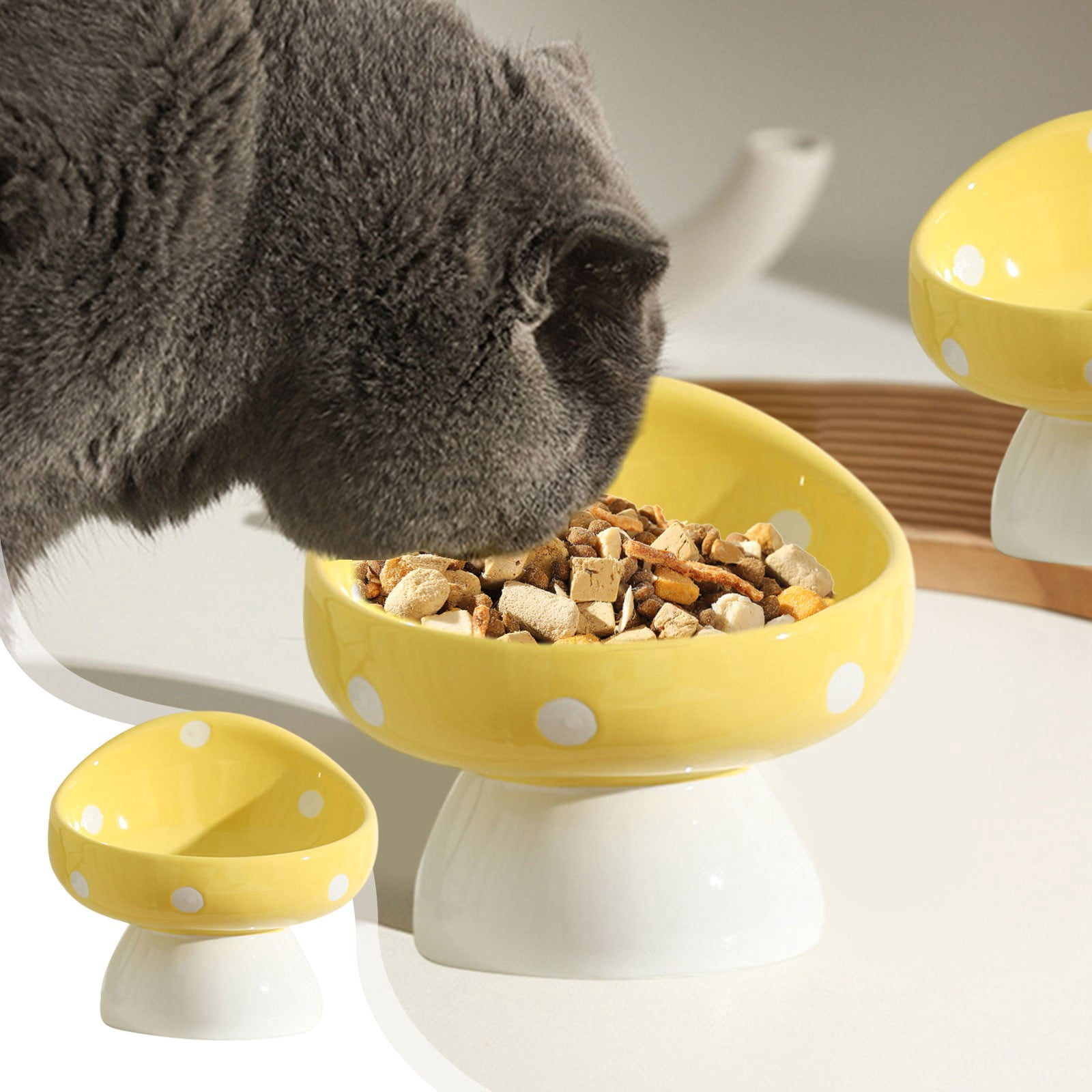 5.7in Ceramic Pet Bowl Set Non-Slip Elevated Neck Support Wide Mouth Mushroom Design Pet Feeder(Yellow)