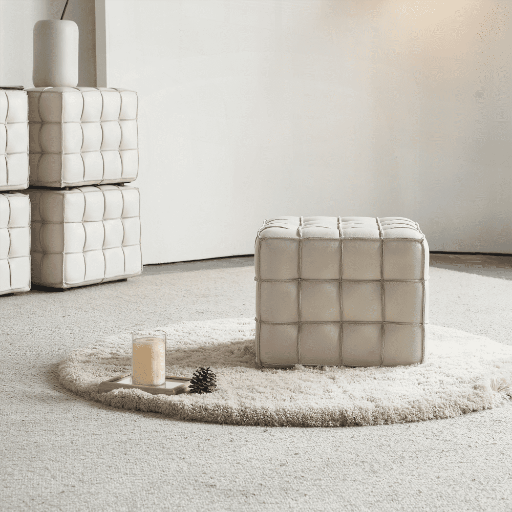 17.32''W Genuine Leather Tufted Ottoman for Living & Bedroom in Beige Color|Versatile Footstool as Extra Seat or Coffee Table