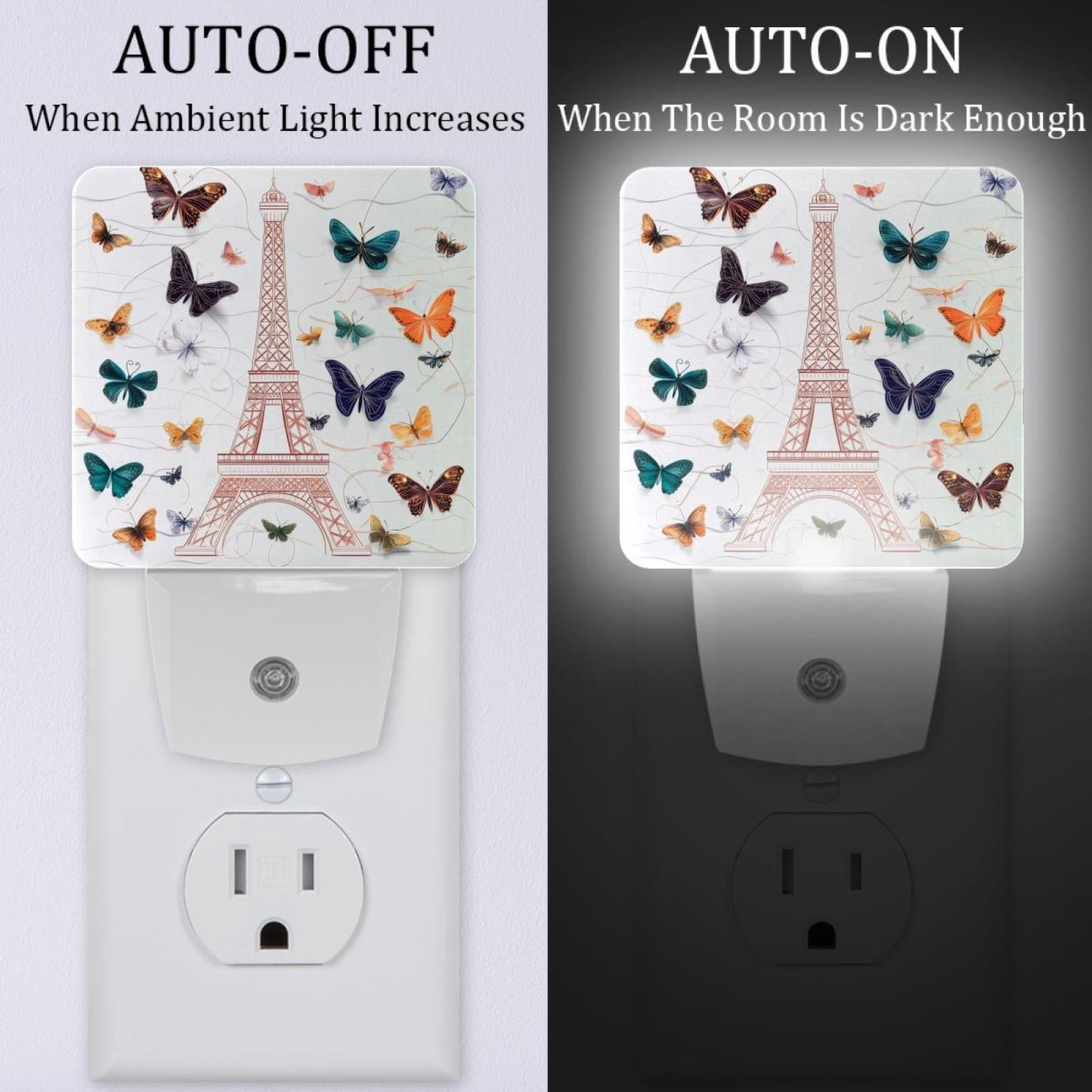 PhooArto Eiffel Tower with Butterflies Plug in LED Night Light Auto Sensor Dusk to Dawn Decorative Night for Bedroom, Bathroom, Kitchen, Hallway, Stairs, Baby's Room, Energy Saving