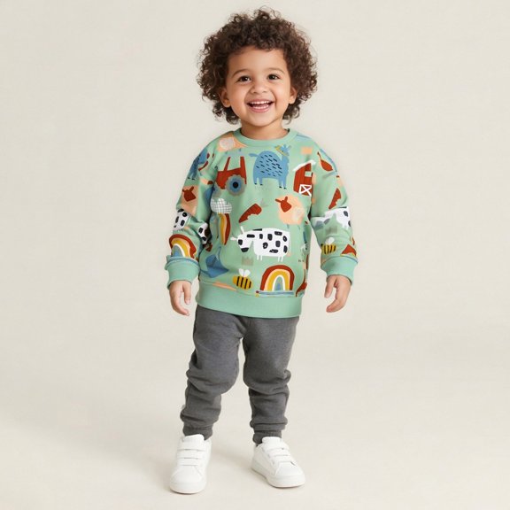 RUTAYY Boys Sweatshirt Crew Neck Long Sleeve All Over Farm Animal Vehicle Rainbow Graphic Print Kids Basic Layering Pullover Green